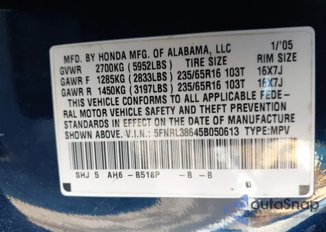 2005 Honda Odyssey Ex-L из США, поврежденный, VIN 5FNRL38645B050613